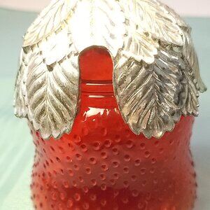 Vintage Ruby Glass Strawberry Jam Jar, Silver Leaf Lid, 1960s Kitsch